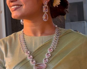 Pakistani jewellery Silver Tone Long Necklace with Pink Stone | Statement Jewelry | Ethnic Boho Gift for Women