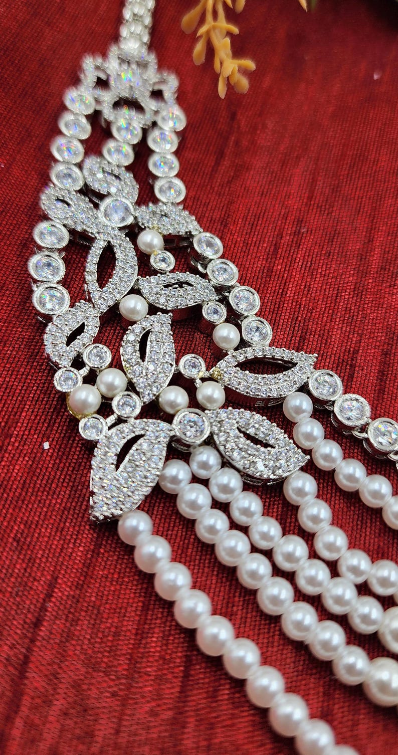 CZ Pearl Layered Necklace & Earring Set: Silver Tone Wedding Jewelry image 4