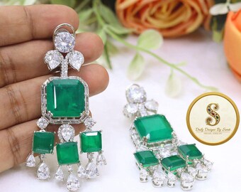 Emerald Green Emerald-Cut Crystal Earrings, Victorian Style Rhodium Plated Chandelier Drops, Formal Gala Statement Jewelry