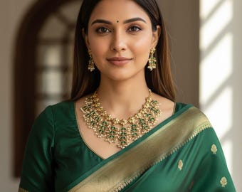 24kt Gold Plated Indian Jewelry Set: Emerald Brass Necklace & Earrings
