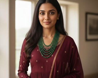 Emerald Necklace: 5-Line Semi Precious Stone Indian Royal Style
