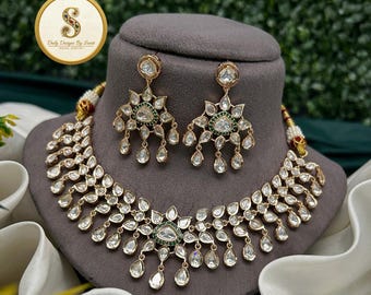 Victorian Polki Kundan Necklace Set | Emerald Green Choker & Jhumka Earrings