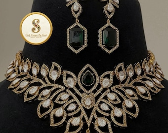 Emerald Green & Blush Pink Stone Necklace Set, Statement Bridal Jewelry Set, CZ Diamond Look Choker Necklace with Earrings, Indian Wedding