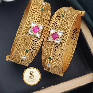 Gold Plated Kundan Kada Bangles, Indian Wedding Jewelry, Ruby Pink Stone Jadau Bracelets, Traditional Bridal Bangles, Ethnic Jewelry