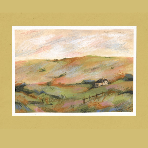 Carte postale de paysage de campagne de gouache A6 Art Print | Illustration mini-paysage | Impression de cartes postales 4x6 | Peinture Gouache | Décoration murale