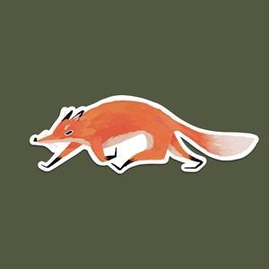 May include: A cartoon illustration of a red fox running with its tail curled up behind it.