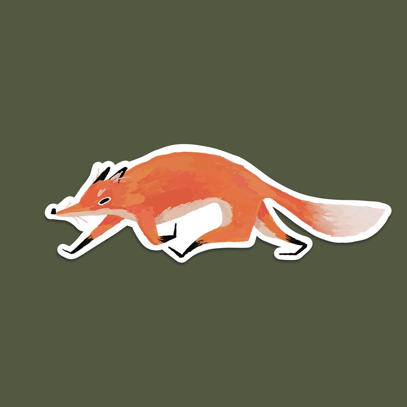 May include: A cartoon illustration of a red fox running with its tail curled up behind it.