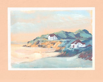 Gouache Beach Landscape Postal A6 A5 Art Print / Mini Seaside Illustration / 4x6 Postal Print / Gouache Painting / Wall Decor