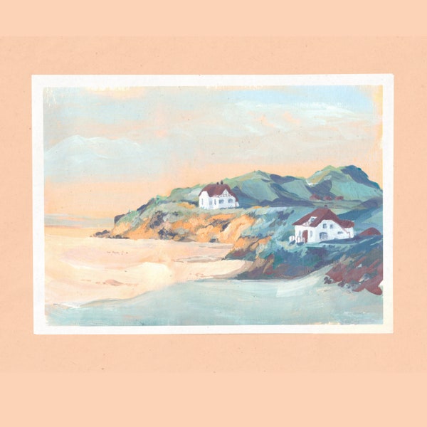 Gouache plage paysage carte postale A6 A5 Art Print | Mini illustration de bord de mer | Impression de cartes postales 4x6 | Peinture Gouache | Décoration murale
