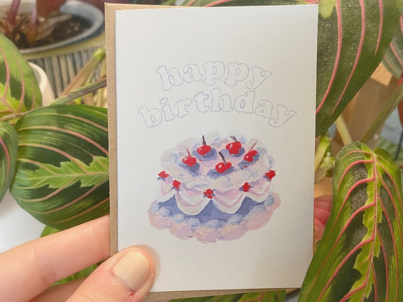 Mini Cake Birthday Card A7 Small Greeting Card 100% Recycled Card & Envelope Hand Painted Gouache Premium Thick Heavy Card Quality image 2