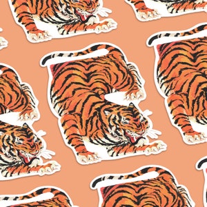 Adhesivo brillante de tigre / Adhesivo grande resistente a salpicaduras para botellas de agua, termos, portátiles, agendas / Adhesivo de gran felino