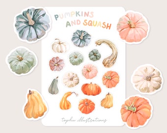Pumpkin and Squash Sticker Sheet | Illustrated Gourds | Cute Autumnal, Cottagecore, Bullet Journal Planner Stickers | Fall Halloween Decals