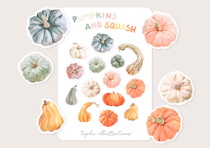 Pumpkin and Squash Sticker Sheet Illustrated Gourds Cute Autumnal, Cottagecore, Bullet Journal Planner Stickers Fall Halloween Decals image 1