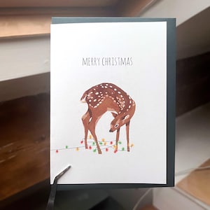 Rentier Weihnachtskarte | Eco Handmade A6 Grußkarte Dunkelgrün Umschlag | Reh / Hirsch Digitale Illustration