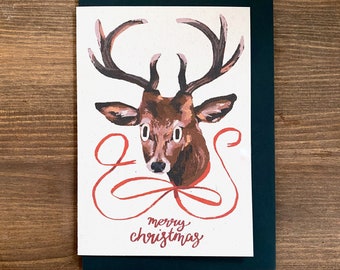 Reindeer Christmas Card | Eco Handmade A6 Greeting Card Dark Green Envelope | Deer / Stag Digital Illustration