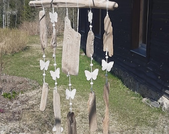 Ceramic Outdoor Wind Chimes, Driftwood Garden Decor, Nature Lover Gift