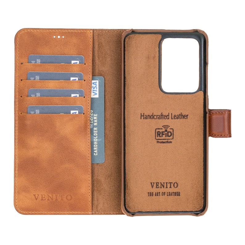 Venito Florence Leather Wallet Case for Galaxy S21 Plus S21 Ultra Note 20 Ultra S20 Plus S20 Ultra Note 10 Plus Note 9 Antique Brown