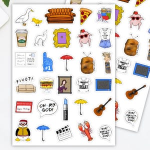 May include: Two sheets of stickers with cartoon illustrations from the TV show Friends. Stickers include a sofa, pizza slice, turkey, and the phrases "PIVOT!" and "OH MY GOD!"