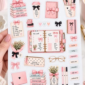May include: A sticker sheet titled Planner Soul Sweet Moments featuring various pink-themed illustrations including stacked books, a coffee cup, a planner, a pencil holder, a bouquet of flowers, a pencil case, glasses, and labels with text.