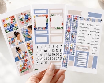 Cottage Garden Girl  | A5 / Hobonichi Cousin Weekly Sticker Kit | Folk Art Floral Planner Stickers
