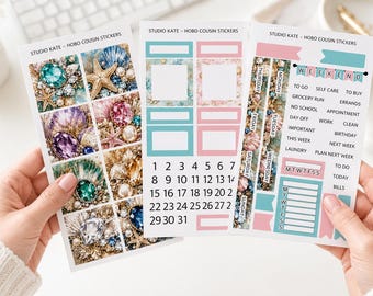 Tesouros da Maré | Kit de Adesivos Semanais A5 / Hobonichi Cousin | Adesivos para Planejador com Tema de Conchas, Joias e Costa