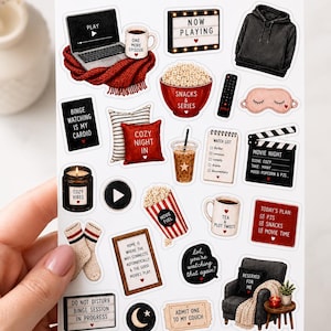 May include: A sticker sheet titled QUIET NIGHT IN PAUSE, RELAX, BINGE, REPEAT. It features illustrations of a laptop, hoodie, popcorn, remote, sleep mask, pillows, iced coffee, watch list, clapperboard, candle, socks, and signs with text like BINGE WATCHING IS MY CARDIO and ADMIT ONE TO MY COUCH.