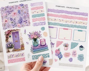 Lavender Lane Sticker Kit | Lilac & Pink Floral Planner Stickers | Cottagecore Collage Stickers | Journaling Scrapbook Ephemera