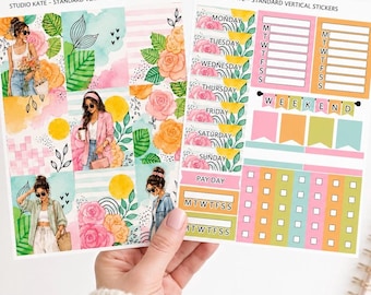 Kit de Adesivos para Planejador Summer Rose | Adesivos Verticais para Planejador Semanal | Compatível com Erin Condren | Kit de Adesivos para Planejador em Tons Pastel Aquarela | Funcional