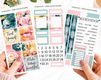 Champagne & Roses | A5 Planner / Hobonichi Cousin Weekly Sticker Kit | Pink Gold Teal