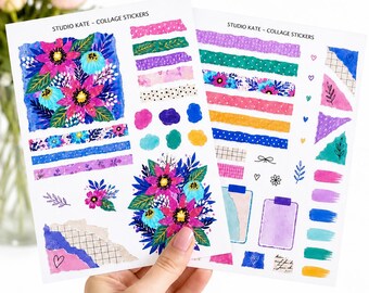 Electric Bloom Collage Sticker Kit | Floral Planner Stickers | Journaling Ephemera | Mixed Media Scrapbook Stickers