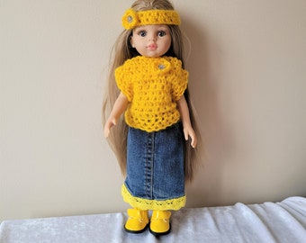 Handmade crochet top and jeans skirt for famous Spanish doll 13 inch 34 cm