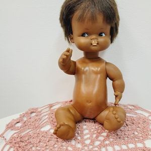 Vintage Japanese Doll: Dark Skin, Crochet Dress, Made in Japan