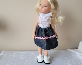 Saia de boneca jeans feita à mão para boneca de 13 polegadas