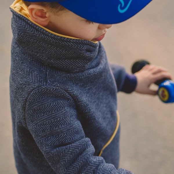 Pullover Hoodie Kinder Blau-Gelb Sweat Sweater Junge mit Tunnelkragen und Bauchtasche