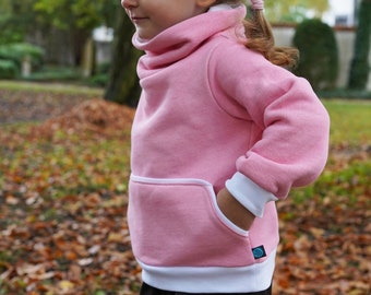 Pullover Hoodie Kinder Weiß-Rosa Sweat Sweater für Mädchen mit Tunnelkragen und Bauchtasche aus Lammfleece