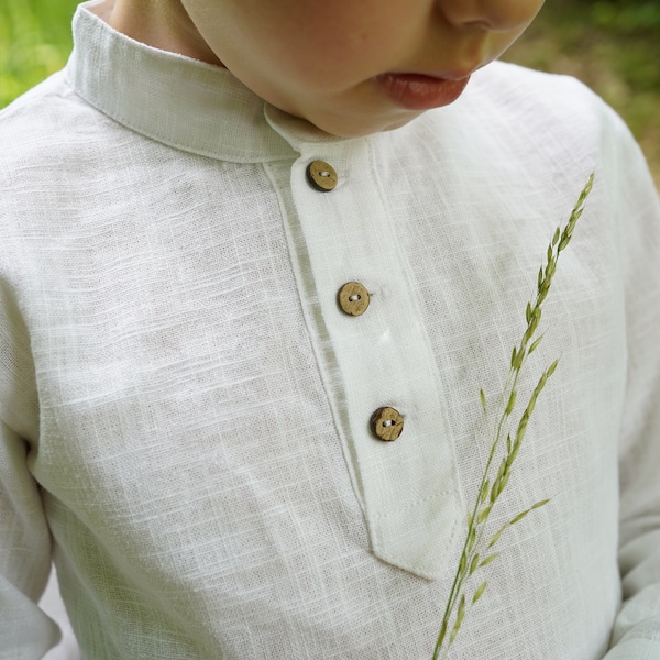 Sommer Leinen Hemd Junge weiß mit Stehkragen, Baby Kind Leinenshirt langarm