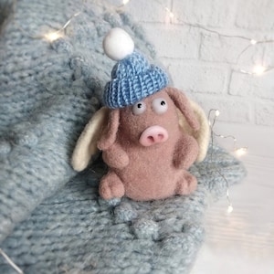 Flying pig doll, as a perfect Christmas gift for her, OOAK piglet in a witer hat, Pig with wings