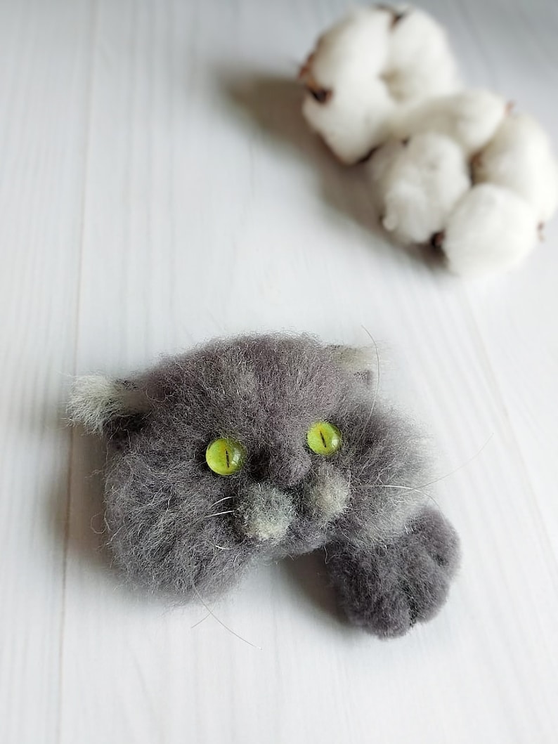 Cute boho cat jewelry Grey cute felted cat brooch as a perfect birthday gift
