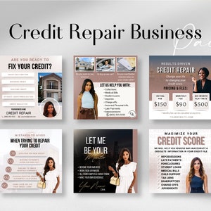 May include: A set of six social media graphics for a credit repair business. The graphics feature a woman in a professional setting and include text such as "Credit Repair", "Fix Your Credit", "Maximize Your Credit Score", and "Let Me Be Your Mentor".