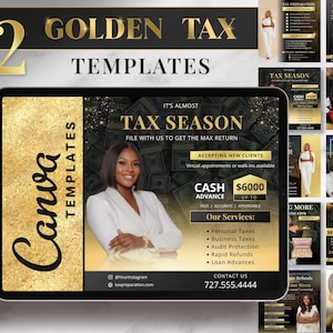 Può includere: Un modello di marketing digitale per un'azienda di preparazione fiscale. Il modello presenta uno schema di colori oro e nero con una foto di una donna in blazer bianco. Il testo "È quasi la stagione dei redditi" è visualizzato in un carattere dorato. Il modello include anche il testo "Presenta le tue tasse con noi per ottenere il massimo rimborso" e "Accettiamo nuovi clienti".