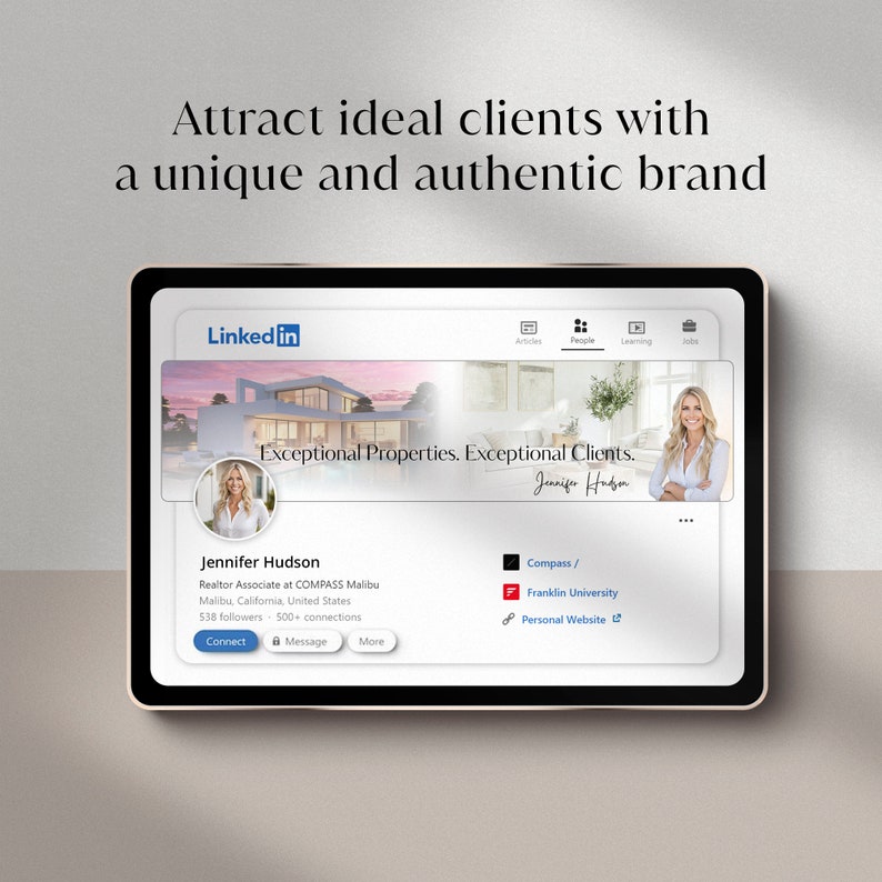 May include: A LinkedIn profile page for Jennifer Hudson, a Realtor Associate at COMPASS Malibu. The banner image features a modern home with a pink sky in the background. The text "Exceptional Properties. Exceptional Clients." is displayed on the banner. Jennifer Hudson's profile picture shows her smiling with her arms crossed.
