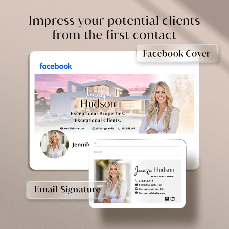 May include: Facebook cover image for a real estate agent named Jennifer Hudson. The image features a large house with a pool and a sunset in the background. The text "Exceptional Properties. Exceptional Clients." is displayed below the house. The agent's name, website, and phone number are also included.