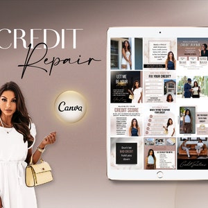 May include: A tablet screen displaying a series of social media posts about credit repair. The posts feature a woman in various poses and include text such as "Let me be your credit repair expert", "Maximize your credit score", and "Don't let bad credit hold you down".