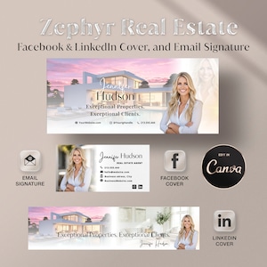Couverture Facebook Zephyr Real Estate, couverture LinkedIn et signature d'e-mail, modèle Canva pour agent immobilier et architecte d'intérieur, marketing immobilier