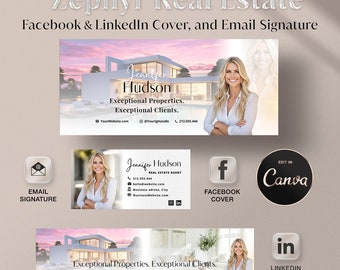 Zephyr Real Estate Facebook Cover, LinkedIn Cover and Email Signature, Canva Template for Realtor & Interior Designer, Real Estate Marketing