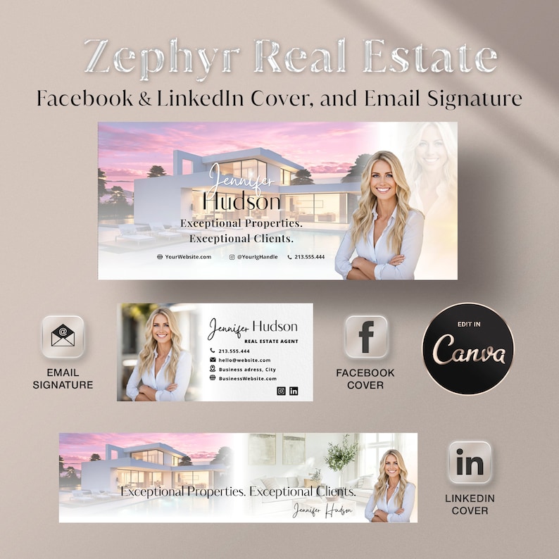 May include: A social media cover image for a real estate agent. The image features a modern house with a pink sunset sky in the background. The text "Exceptional Properties. Exceptional Clients." is displayed on the image. The agent's name, Jennifer Hudson, is also included.