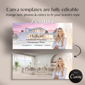 May include: Two real estate agent social media banner templates. The first banner features a woman standing in front of a modern house with a pool. The text reads "Jennifer Hudson, Exceptional Properties, Exceptional Clients. YourWebsite.com @YourHandle 213.555.444". The second banner features a woman standing in front of a modern living room. The text reads "Call Bowman, Spaces that you love. YourWebsite.com @YourHandle 213.555.444".