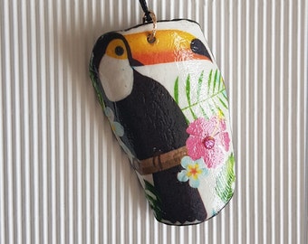 "Toucan" women's pendant, cold porcelain, ultra light, designer paper and pearl