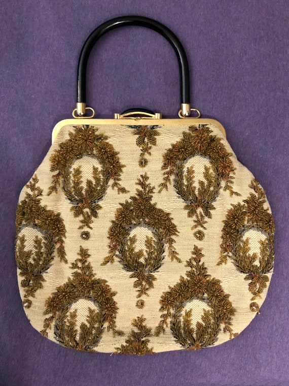 Vintage Tapestry Gold Bead Embroidered Bag 50s Luc