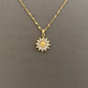 Sunflower Necklace - Flower Pendant with Shiny Crystals on Tarnish Free Lip or Classic Cable Adjustable Chain, Jewelry Gift for Women, Girls
